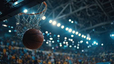 A basketball scores a basket, captured mid-flight through a net within a large indoor arena. The image displays warm tones from the ball and the court, contrasted by cool lighting. The composition features blurred backgrounds suggestive of a live sporting event suitable for commercial and editorial uses.の素材
