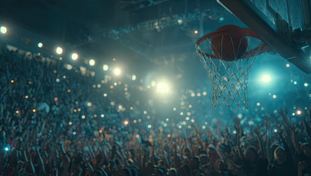 A basketball is seen moving through a net in a stadium. The image is bathed in blue and white light, highlighting the ball and the net. A large crowd fills the background, creating a sense of excitement. This image could be used for sports, event promotion, or general entertainment content.の素材
