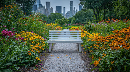 A white bench sits on a gravel path within a vibrant garden. The scene features lush greenery and colorful flowers in full bloom. The composition utilizes natural lighting, revealing a sense of tranquility. The image would suit commercial projects or editorial content focused on nature or urban landscapes.の素材