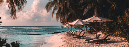 A tranquil beach scene showcases an ocean view with sandy shores, lounge chairs, and umbrellas. The image presents warm color tones, with overhead lighting creating shadows. This composition may be suitable for travel, vacation, or leisure-related projects.の素材