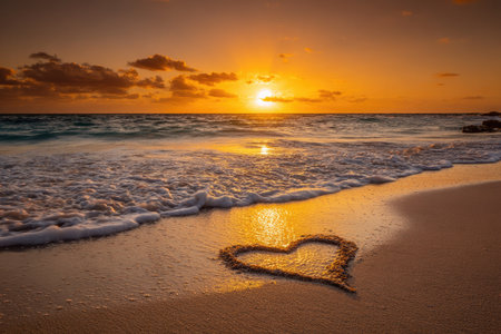 An inviting beachfront scene captures a vibrant sunset. The composition features a heart drawn in the wet sand, reflecting the warm hues of the sky and ocean. The photograph displays a horizontal format, with textures of waves, sky and sand. This image can be used for various projects.の素材