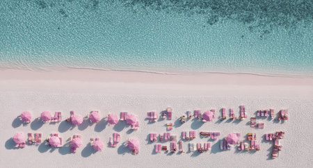 An aerial view presents a pristine beach with rows of pink umbrellas and lounge chairs neatly arranged on the white sand. The turquoise water gently meets the shoreline. The photograph is brightly lit, showcasing pastel colors and a serene atmosphere, potentially suitable for travel or lifestyle imagery.の素材