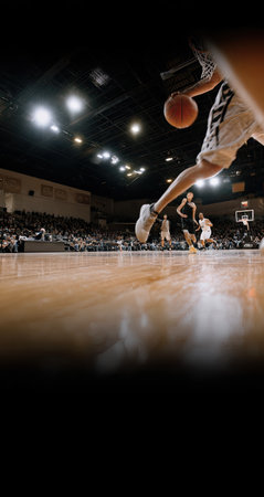An athlete is captured in mid-air, playing basketball in a gymnasium. The image displays a hardwood floor, with the focus on the player and ball. The lighting is bright, creating shadows and highlights, suggesting a daytime or indoor sports event. This image could be used for sports, fitness, or competition themes.の素材