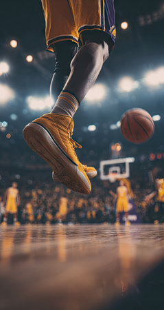 A basketball player is captured mid-air with the ball, showcasing athleticism and action. The image displays warm yellow and purple tones, set against a blurred background of a crowd and court. The composition emphasizes movement and skill, suitable for sports-related content or editorial projects.の素材
