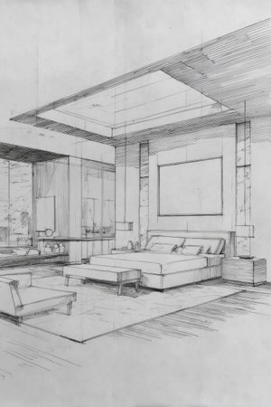 This interior sketch depicts a bedroom featuring a bed and various furniture elements. The artwork displays a linear perspective with grayscale tones, employing a drawing style. The lighting appears diffused, accentuating the design's structural details, suitable for architectural or design publications, and commercial projects.の素材