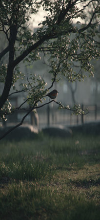 A small bird perches on a tree branch, set against a blurred background. The image showcases a natural outdoor scene with green grass and foliage. Soft lighting bathes the landscape, creating a calming atmosphere. Ideal for various commercial applications, including editorial and marketing materials.の素材