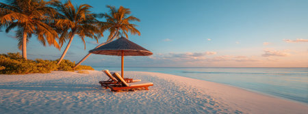 A tranquil beach scene showcases palm trees, a parasol, and lounge chairs on a sandy beach. Soft lighting and warm colors create a relaxed atmosphere, suggesting a vacation or leisure setting. Ideal for commercial use related to travel, relaxation, or tropical themes. The composition features copy space.の素材