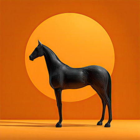 A dark horse silhouette stands prominently against a bright orange backdrop, creating a striking visual contrast. The stylized composition features a clean aesthetic with a focus on form and shape. This artwork is suitable for various uses, including marketing materials and artistic endeavors.の素材