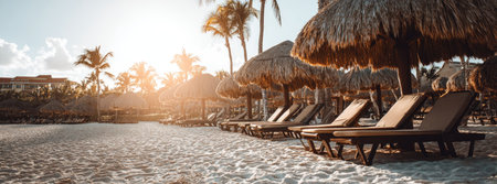 The image features beach chairs arranged on a sandy beach, shaded by straw umbrellas. Palm trees are visible in the background against a bright sky, suggesting a sunny day. The composition and lighting create a sense of relaxation, suitable for travel, leisure, or vacation-themed projects.の素材
