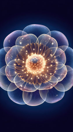 An artistic rendering features a flower-like form with numerous translucent petals. The central area emits a warm, luminous glow surrounded by a gradient of blues and purples. This digitally created image showcases a detailed, layered composition against a dark background, suitable for diverse creative applications.の素材