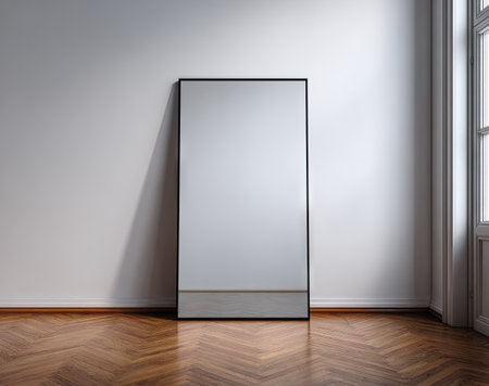 A rectangular poster frame stands in a room with a white wall and wooden floor. The composition includes an empty frame with a black border, a simple design with neutral colors and soft lighting, suggesting a clean and modern style. It could be used for advertising or artistic presentations.の素材