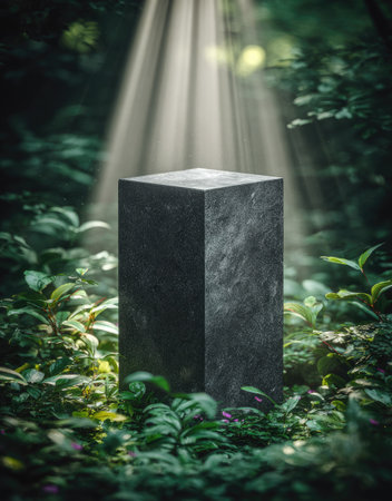 A dark, geometric pedestal stands amidst vibrant green foliage, illuminated by a striking beam of light. The image features a shallow depth of field, emphasizing the texture of the stone and the surrounding leaves. This composition could be suitable for various commercial uses, including product display or artistic concepts.の素材