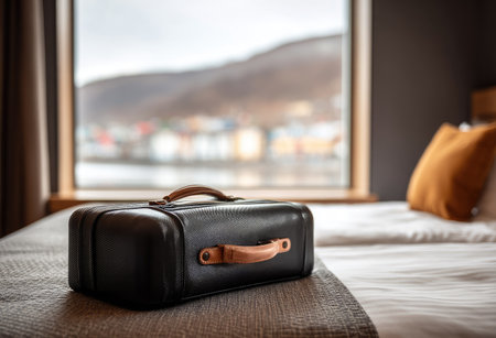 A black leather suitcase with brown handles sits on a bed near a window. The scene is illuminated by natural light, the background presents a blurred view of a mountain, implying an outdoor environment. This image could be suitable for travel, lifestyle, or commercial applications.の素材