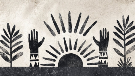 An abstract illustration depicts hands reaching toward a central sun motif. The monochromatic color palette features various shades of gray and black. Stylized foliage elements frame the scene. The composition may be suitable for diverse visual communication projects or as a design element in editorial contexts.の素材