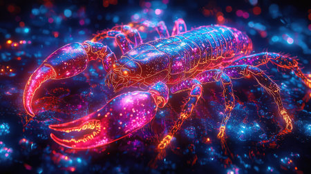 An illuminated scorpion creature is presented against a dark, cosmic backdrop. The image utilizes vibrant colors and glowing effects to highlight the subject's form. The scene displays a digital art style. This image is suited for various applications including editorial, illustrative, and design projects.の素材