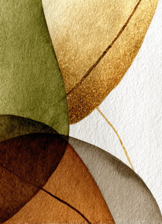 An abstract watercolor painting features overlapping organic shapes in various earth tones. The artwork utilizes a limited palette of browns, greens, and gold against a neutral background. This artistic composition showcases a blend of textures, ideal for home decor, print designs, or creative projects.の素材