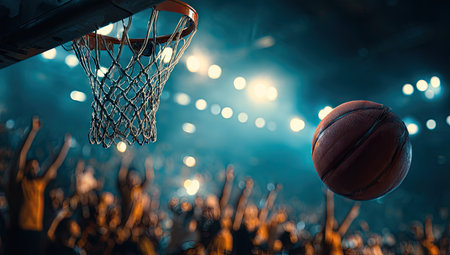 An image showcases a basketball and hoop set against a backdrop of a cheering crowd. The scene features warm colors with soft lighting. The image evokes a sense of excitement and entertainment, suitable for sports-related marketing and editorial purposes.の素材