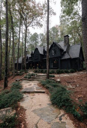 A dark, wood-clad house is nestled within a grove of tall trees. A pathway leads to the front entrance, while green bushes line the route. The scene is bathed in natural light, creating a tranquil atmosphere. Suitable for architectural, real estate, or lifestyle editorial use.の素材