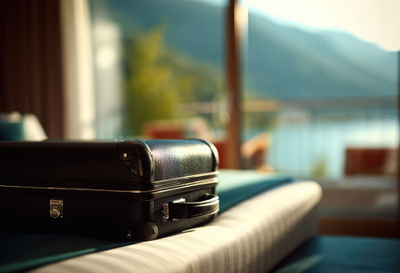 A close-up view presents a black suitcase resting on a bed, suggesting travel and relaxation. The image showcases a muted color palette, highlighting the suitcase's texture and detail. Through the window, a blurred landscape of mountains and water creates depth, suggesting a vacation setting, suitable for various commercial uses.の素材