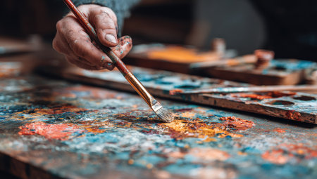 An artist's hand uses a brush to apply paint to a canvas. The image displays a close-up view of a hand holding a brush. The composition shows vivid colors, suggestive of an artistic process. This image is suitable for illustrating concepts of art, creativity, and the act of painting. It has potential uses in educational materials and commercial projects.の素材