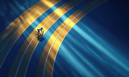 An athlete is depicted running on a track with gold and blue stripes. The image showcases the runner from an aerial perspective. The composition focuses on the track's design. The use of light and shadow suggests a dynamic outdoor setting. The image may be suitable for athletic promotions and sports-related media.の素材
