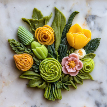 An overhead view reveals a meticulously crafted floral arrangement. The composition showcases a variety of stylized flowers and leaves in shades of yellow, green, and pink. The work demonstrates detailed textures and forms against a soft background. It is suitable for design projects, decorative purposes, or editorial content.の素材