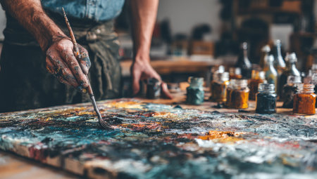 An artist is actively painting on a canvas with a brush, showcasing a vibrant palette of colors. The scene highlights the artist's hands and the tools of the trade in a studio environment. This image is suitable for various commercial purposes, including illustrating creativity and artistic endeavors.の素材
