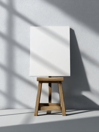 A white canvas sits on a wooden easel, positioned against a light-colored wall. The setting exhibits a minimalist style, with shadows enhancing the composition. The artwork presentation is suitable for product display, editorial purposes, or creative projects. The arrangement suggests an indoor studio, with natural sunlight casting shadows.の素材