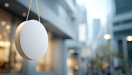 A close-up view presents a round, blank signboard suspended by a thin cord. The signboard is primarily white, with wooden edges. The background shows a blurred city street with buildings and diffused sunlight. Suitable for commercial advertising and editorial purposes, the image offers space for text or graphics.の素材