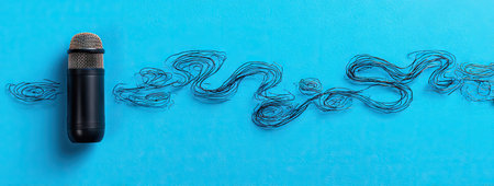 A dark microphone is positioned on a vibrant blue background, accompanied by a flowing, abstract graphic. The composition uses high-key lighting, enhancing the contrast. This image is suitable for various commercial uses, including advertising and editorial content, and it has a lot of copy space.の素材
