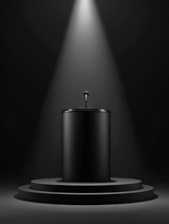 A dark, dramatic image features a black podium and microphone illuminated by a single spotlight. The composition showcases a cylindrical podium set on tiered platform against a dark background. The scene suggests an indoor environment. This image is suitable for commercial uses such as presentations, speeches, or event promotions.の素材