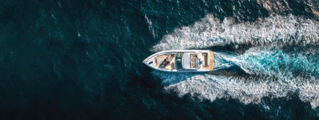 A white boat travels through the ocean leaving a trail of white foamy waves behind. The image is taken from an overhead perspective, capturing the movement and the turquoise and dark blue waters. The scene may be used for travel, adventure, or commercial themes, with copy space available.の素材