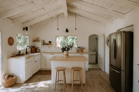 An inviting kitchen space features a light-filled interior with wooden flooring, cabinets, and a central island. Overhead lighting and natural light contribute to the bright atmosphere. This photo can be used for commercial projects related to home design, real estate, or lifestyle content.の素材