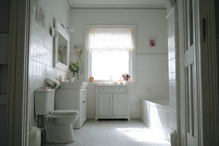 This image showcases a bright, airy bathroom interior bathed in natural light from a window. The scene is dominated by white surfaces, including tiled walls and classic fixtures. The composition suggests a clean, uncluttered space suitable for design, architecture, or lifestyle projects. The soft lighting enhances the overall sense of tranquility.の素材