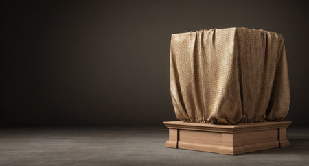 A golden fabric covers a box-shaped object resting on a wooden pedestal. The scene is illuminated with soft lighting, with a dark background creating a sense of mystery. This visual is suitable for use in design, marketing, and presentation contexts.の素材