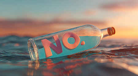 An image presents a clear glass bottle with the word 'NO' inside, afloat in water. The scene features vibrant colors, with a soft focus effect. The backdrop showcases an ocean sunset creating a warm, golden lighting. Suitable for illustrations about rejection or negative concepts, it can be utilized in various commercial projects.の素材