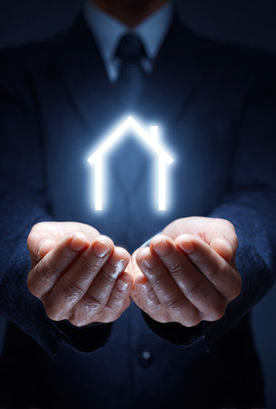 A person in a suit presents a glowing house icon between hands. The image features a dark background, highlighting the bright symbol. The composition uses a low-angle perspective. Suitable for representing concepts like homeownership, property investment, or secure housing. This imagery is applicable for commercial or editorial use.の素材
