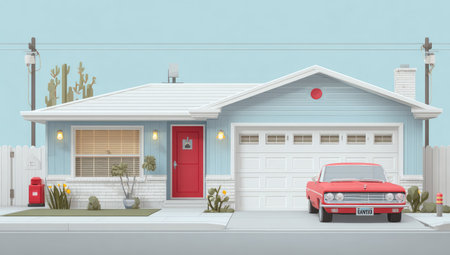 This image showcases a cartoon-style house with a red car parked out front. The scene is presented in bright colors, including a blue house and sky. The composition features a front view of the house, offering a perspective of the environment, suitable for various design projects and advertising applications.の素材
