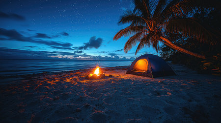 A lit camping tent sits on a sandy beach under a starry night sky. The scene is illuminated by a bonfire, casting warm light on the sand and the silhouette of a palm tree. The composition features cool blues and warm oranges, suitable for various travel, nature, and adventure related projects.の素材