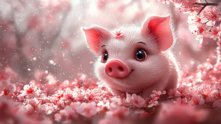 A fluffy piglet is nestled among a profusion of soft pink cherry blossoms. The image showcases a shallow depth of field, with a focus on the piglet's expressive face and the surrounding floral elements. The vibrant colors and gentle lighting create a serene atmosphere. Suitable for use in various visual projects, including editorial and commercial applications.の素材