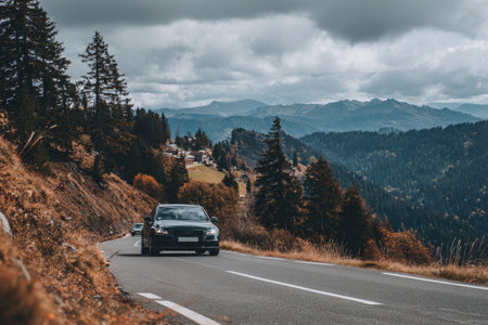 A black car travels along a winding road amidst a mountainous environment. The image displays a clear day with a cloudy sky overhead. The visual features include green trees and distant mountains, creating a vast landscape. It is suitable for commercial and editorial purposes.の素材