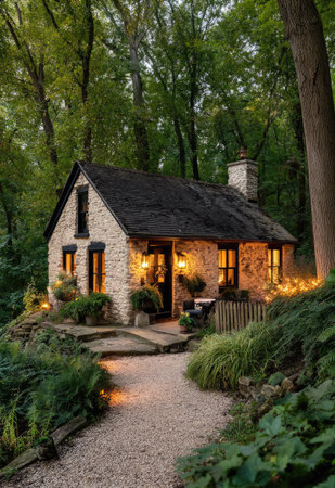 A quaint cottage with stone exterior is nestled within a dense forest. The scene is illuminated by warm exterior lighting, contrasting with the surrounding green foliage. The composition showcases a pathway leading to the cottage, suggesting a secluded, natural environment. Suitable for a variety of commercial and editorial applications.の素材