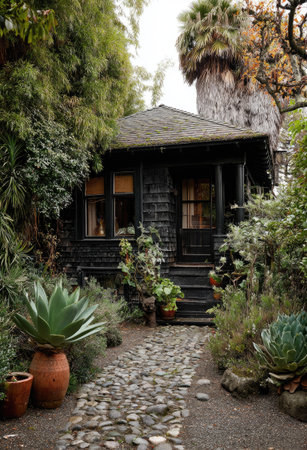 A quaint cottage features dark exterior with a stone pathway winding through dense foliage. The image showcases natural lighting and a close-up composition, highlighting the texture of the stonework. This picturesque scene, framed by lush greenery, suggests uses for travel, architecture, or lifestyle content.の素材