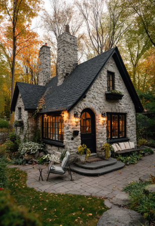 A picturesque stone cottage is nestled within an autumn forest, illuminated by warm interior and exterior lighting. The building showcases detailed stonework, a dark roof, and inviting windows. The composition captures the serene environment, potentially suitable for travel or lifestyle content.の素材