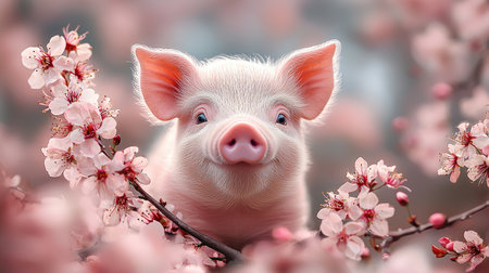 A close-up view depicts a small pig surrounded by blossoming branches. The piglet's pink skin and features stand out against the blurred backdrop of pale pink flowers. The composition suggests a springtime scene, possibly outdoors. This image could be used for various commercial or editorial applications.の素材