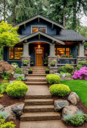 An inviting exterior view showcases a home with a dark blue facade and a welcoming entrance. Stone steps lead up to the front door, flanked by well-manicured bushes, lush greenery, and vibrant flowers. The composition highlights the home's architecture, creating a warm, inviting feel, and suitable for real estate and lifestyle publications.の素材