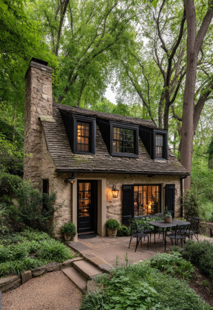 A picturesque cottage with a stone exterior and a dark, shingled roof is surrounded by dense, green foliage. The scene is illuminated with natural light, highlighting the textures of the stone and the greenery. An outdoor dining table suggests a space for gathering. This image could be used for lifestyle, travel, or real estate projects.の素材