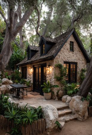 A quaint stone cottage with a steeply pitched roof is surrounded by vibrant greenery. The building features dark framed windows, a wooden door, and warm exterior lighting. The composition suggests an inviting space, possibly for residential or decorative uses. The image displays a natural aesthetic with a focus on textures and tones.の素材