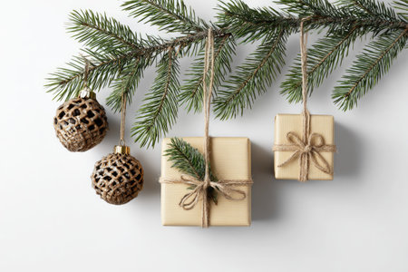 An overhead shot reveals Christmas ornaments and gift boxes suspended from a fir tree branch. The composition features a natural aesthetic with evergreen needles and brown twine. The wrapped packages and ornaments offer a festive visual. Ideal for design projects and commercial applications with copy space available.の素材