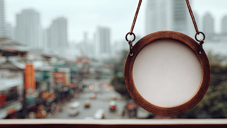 A wooden circular frame hangs suspended with a blurred cityscape background. The frame is brown, showcasing a natural texture, with a white center and is suspended by a rope. The background has various buildings, and the composition indicates an outdoor setting. This image is suitable for various design, advertising, and marketing applications.の素材